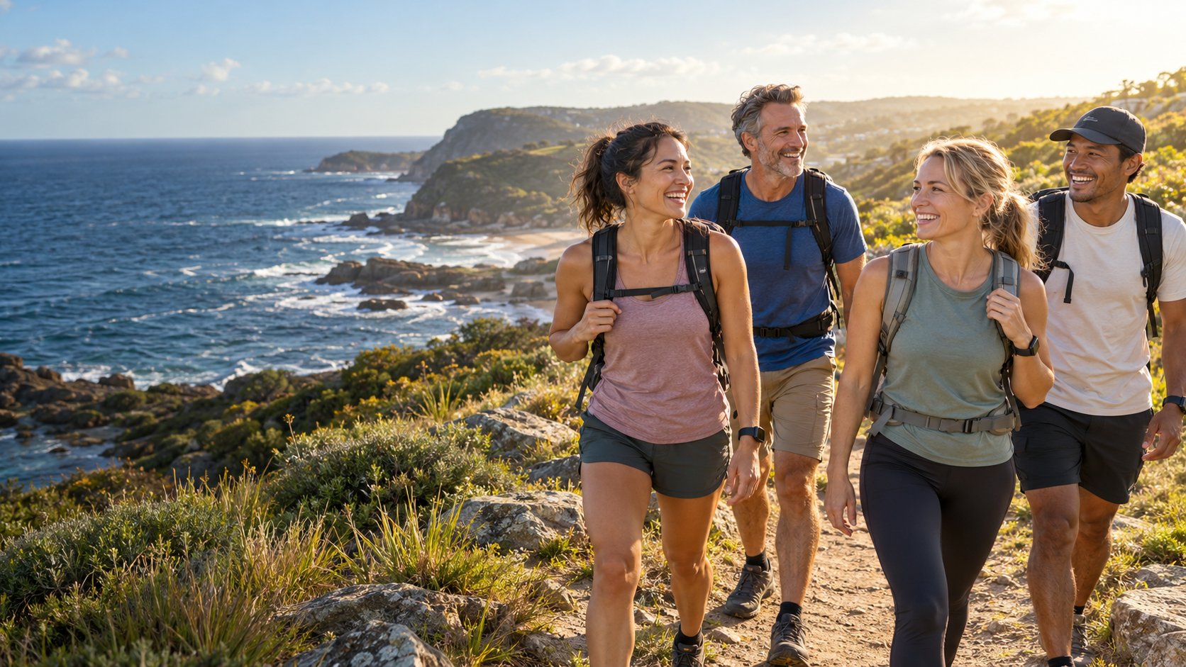 Friends exploring a coastal walking trail