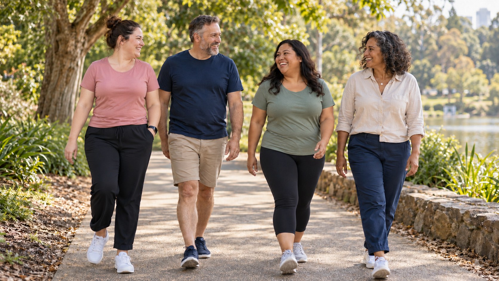 Four friends with varied body sizes chatting and smiling on a relaxed park walk