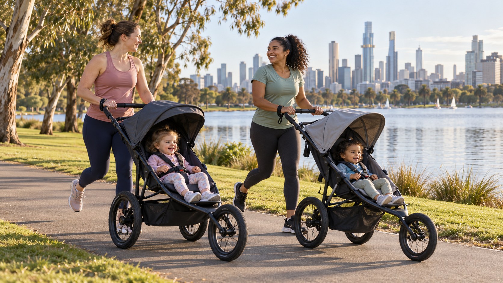 Two mums enjoying a gentle jog beside a lake with toddlers in three-wheel jogging prams