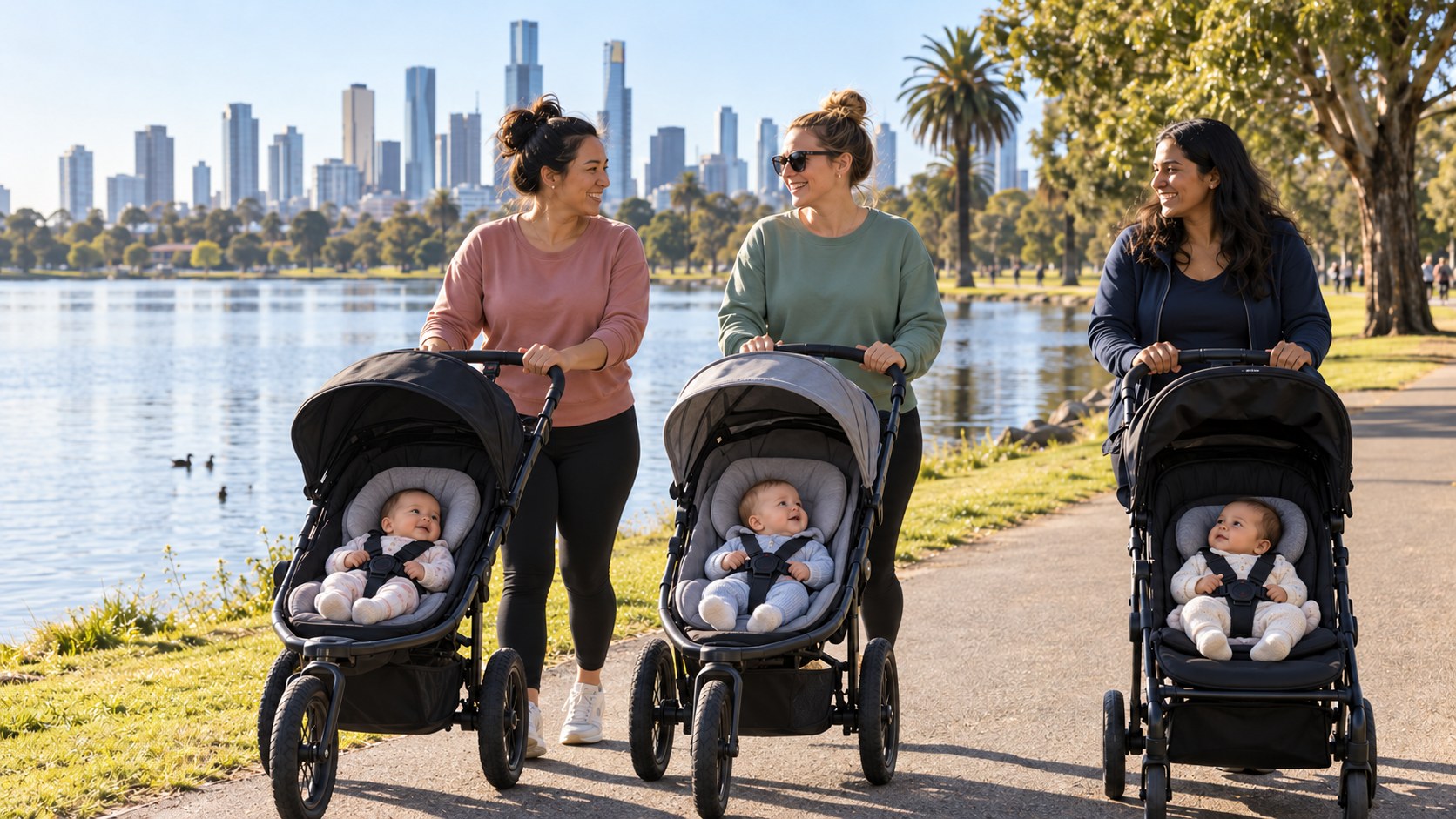 Three mums chatting as they walk beside a lake with their babies in prams, with Melbourne’s skyline behind them